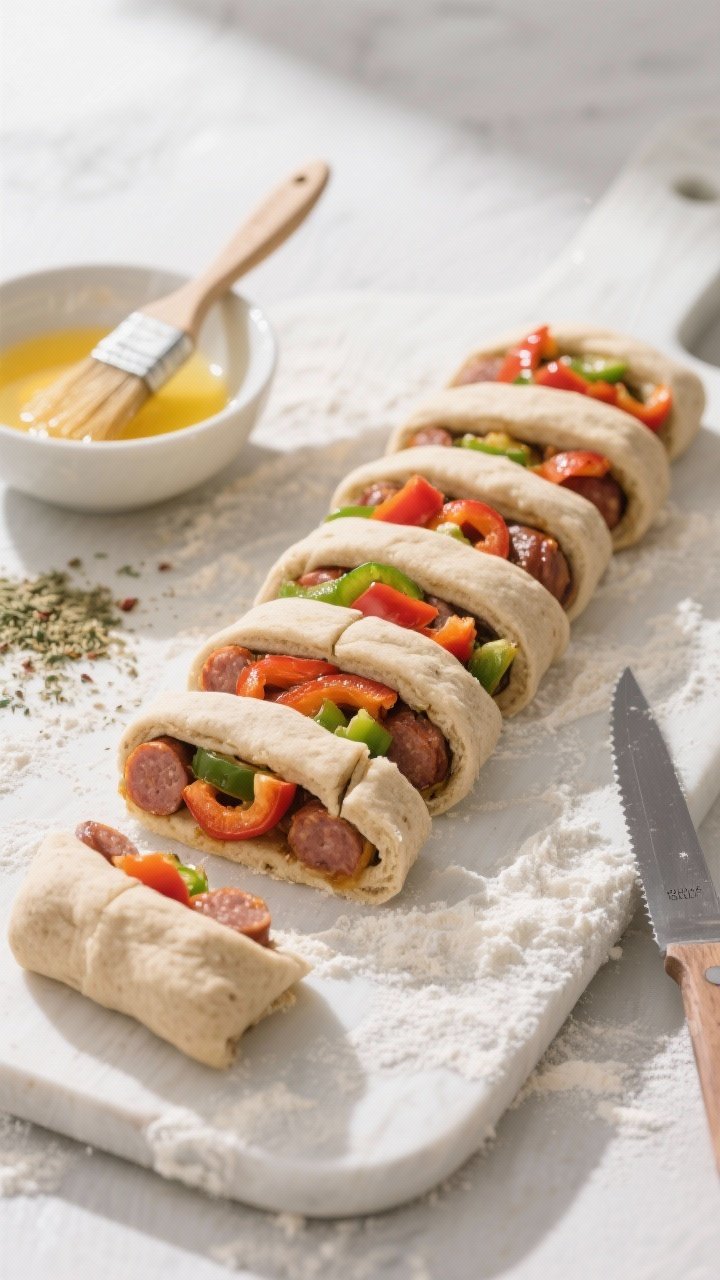 5-inch bites on a lightly floured board—whole-wheat dough wrapped around a line of sautéed pepper