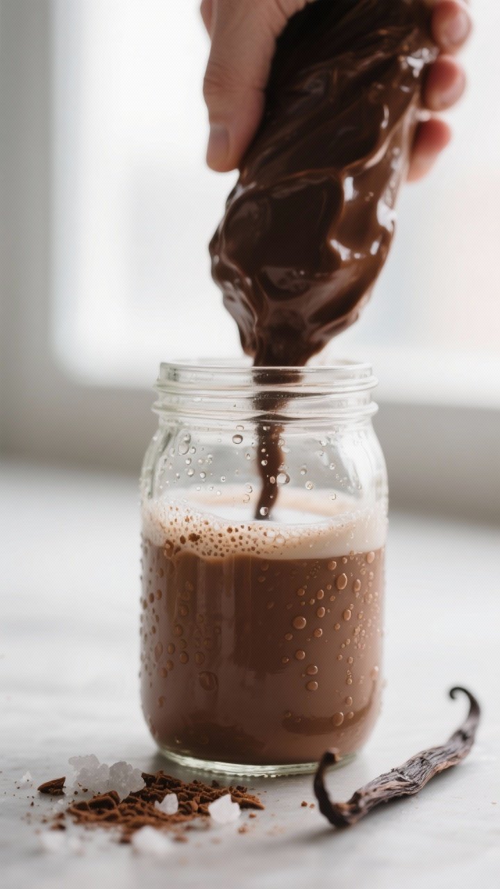 Close-up detail: A chilled glass jar of homemade chocolate milk being vigorously shaken, cocoa alrea