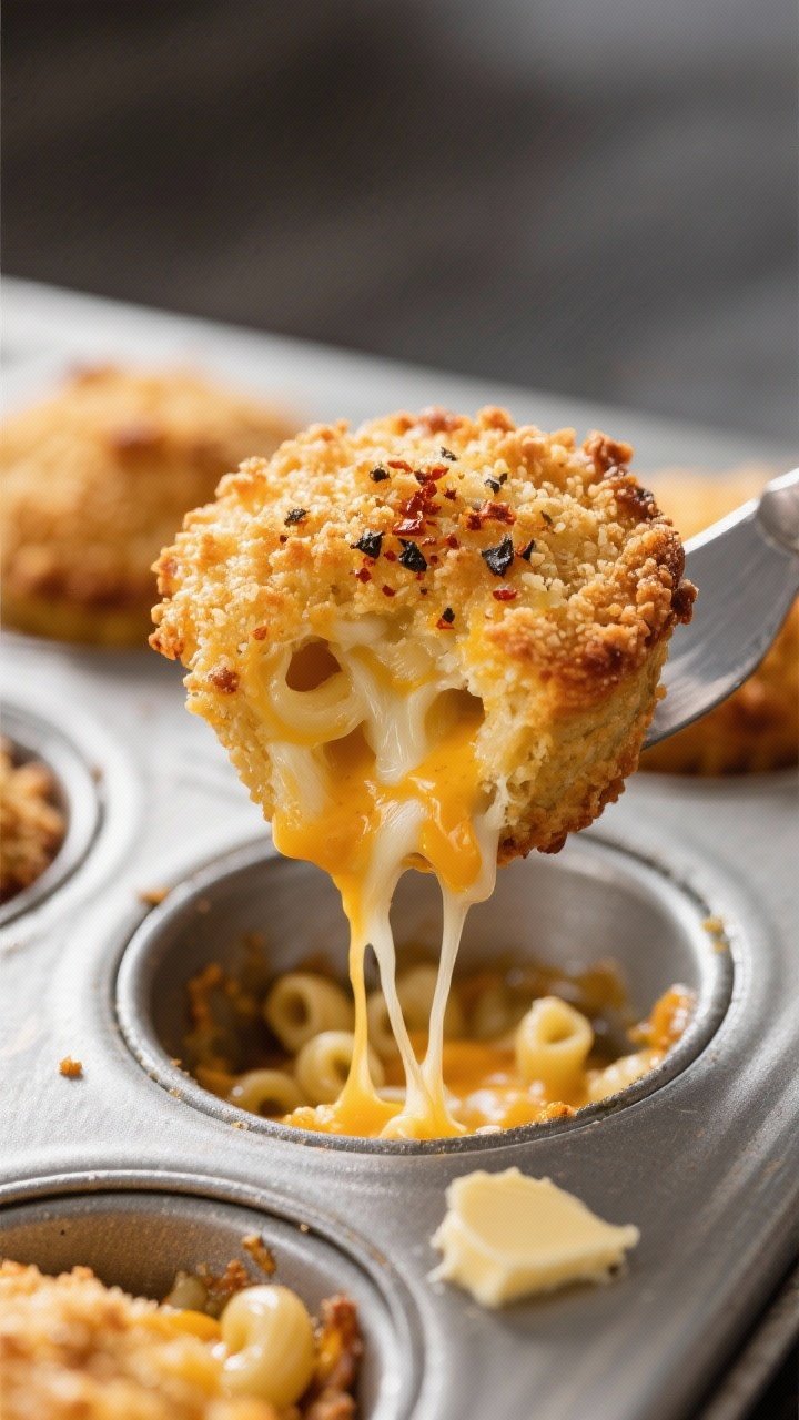 Close-up detail: A freshly baked mac and cheese bite just lifted from a muffin tin, showing crispy,