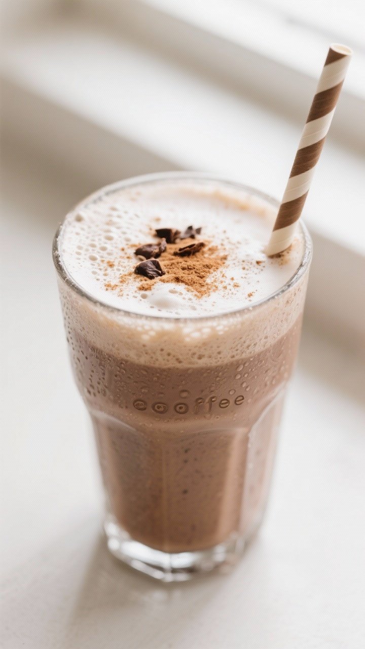 Close-up detail: A frosty, caffeine-free carob-banana “coffee” smoothie just after blending, pou