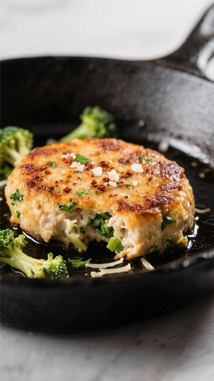 Close-up detail: A golden-brown chicken and broccoli patty just out of the skillet, crisp, deeply se
