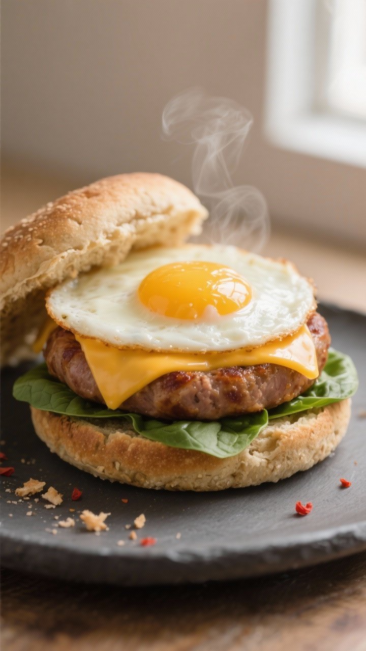 Close-up detail: A just-assembled whole-grain English muffin breakfast sandwich with lean turkey sau