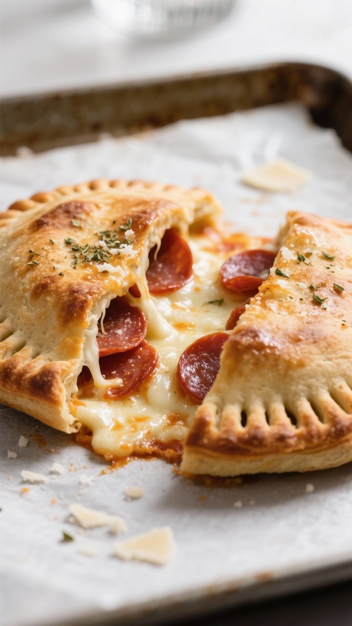 Close-up detail: A just-baked pizza pocket split open on a parchment-lined sheet pan, showcasing mol