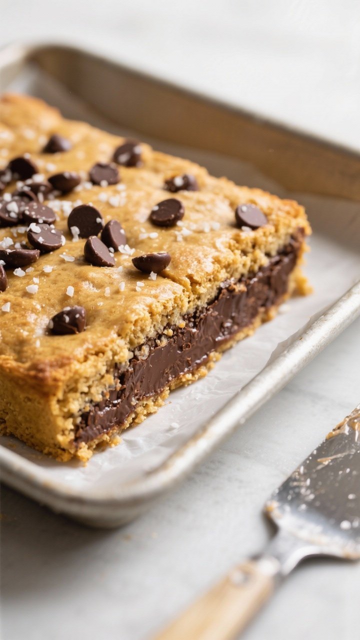 Close-up detail: A just-baked slab of chickpea blondies lifted from an 8x8 pan on parchment, edges l