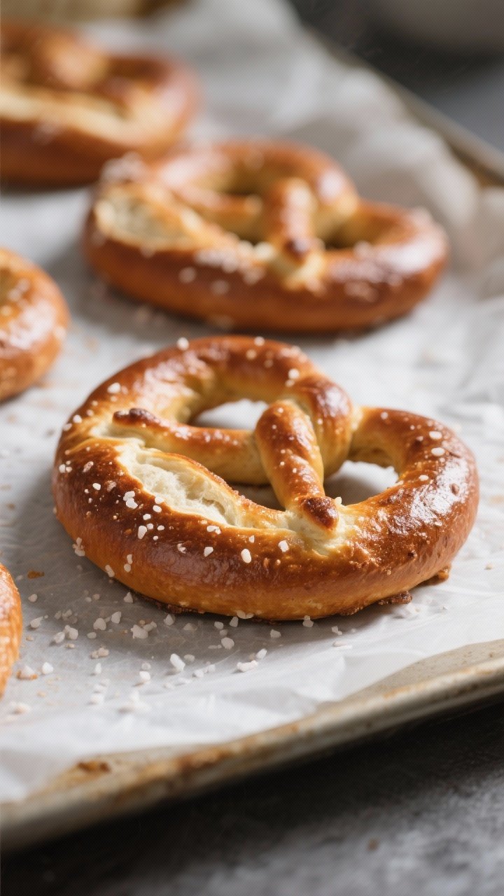 Close-up detail: A just-baked whole-wheat soft pretzel fresh from the oven, deep golden-brown with a