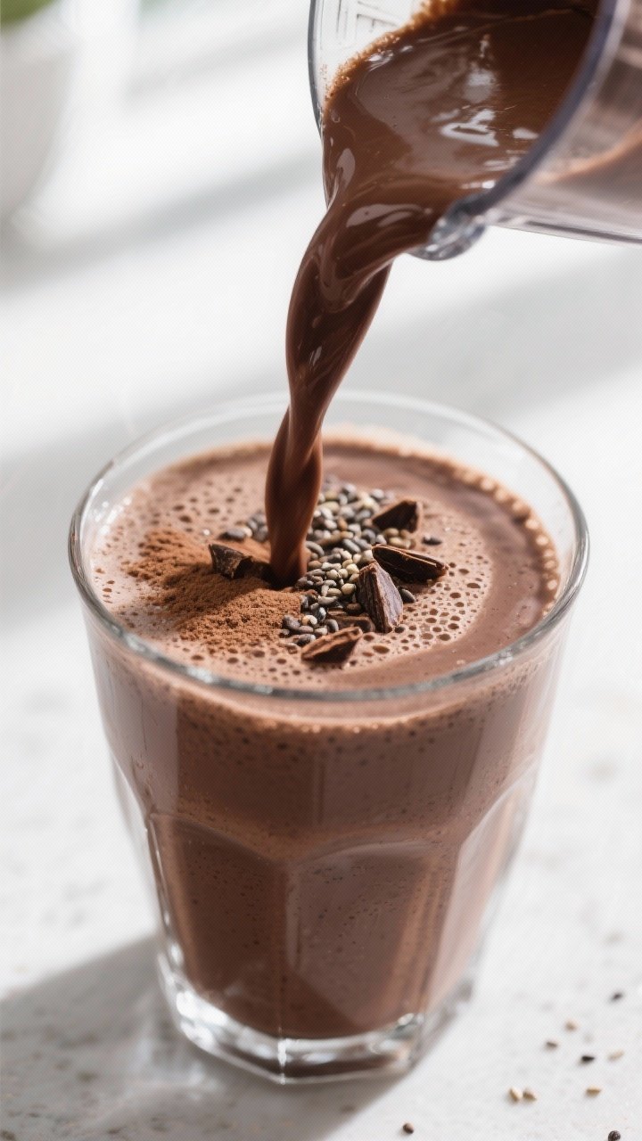Close-up detail: A just-blended high-protein chocolate smoothie being poured in a silky ribbon from 