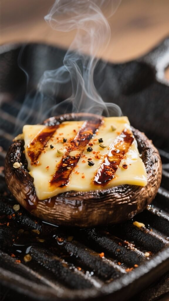 Close-up detail: A seared portobello mushroom cap just off the grill, glistening with balsamic-soy-g