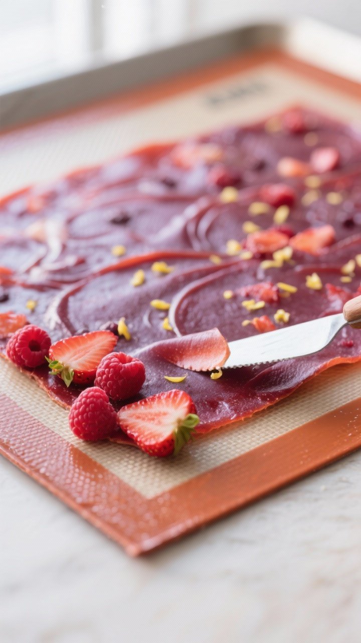Close-up detail: A silky sheet of mixed-berry citrus fruit leather just finished drying on a silicon