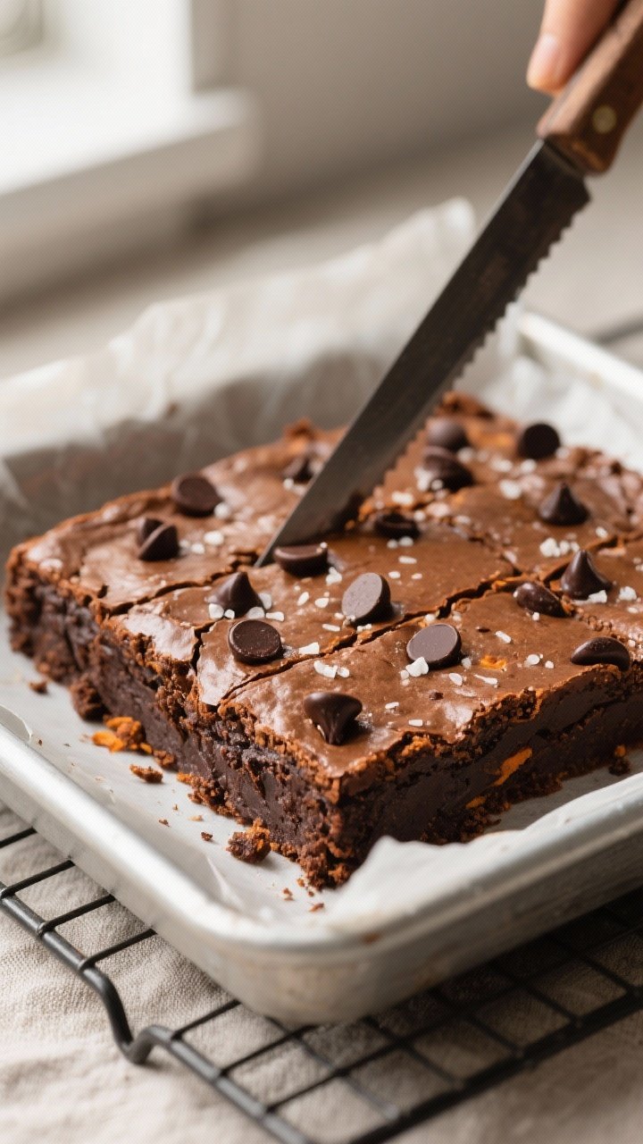 Close-up detail: A slab of freshly baked sweet potato brownies just lifted from an 8x8 pan with parc