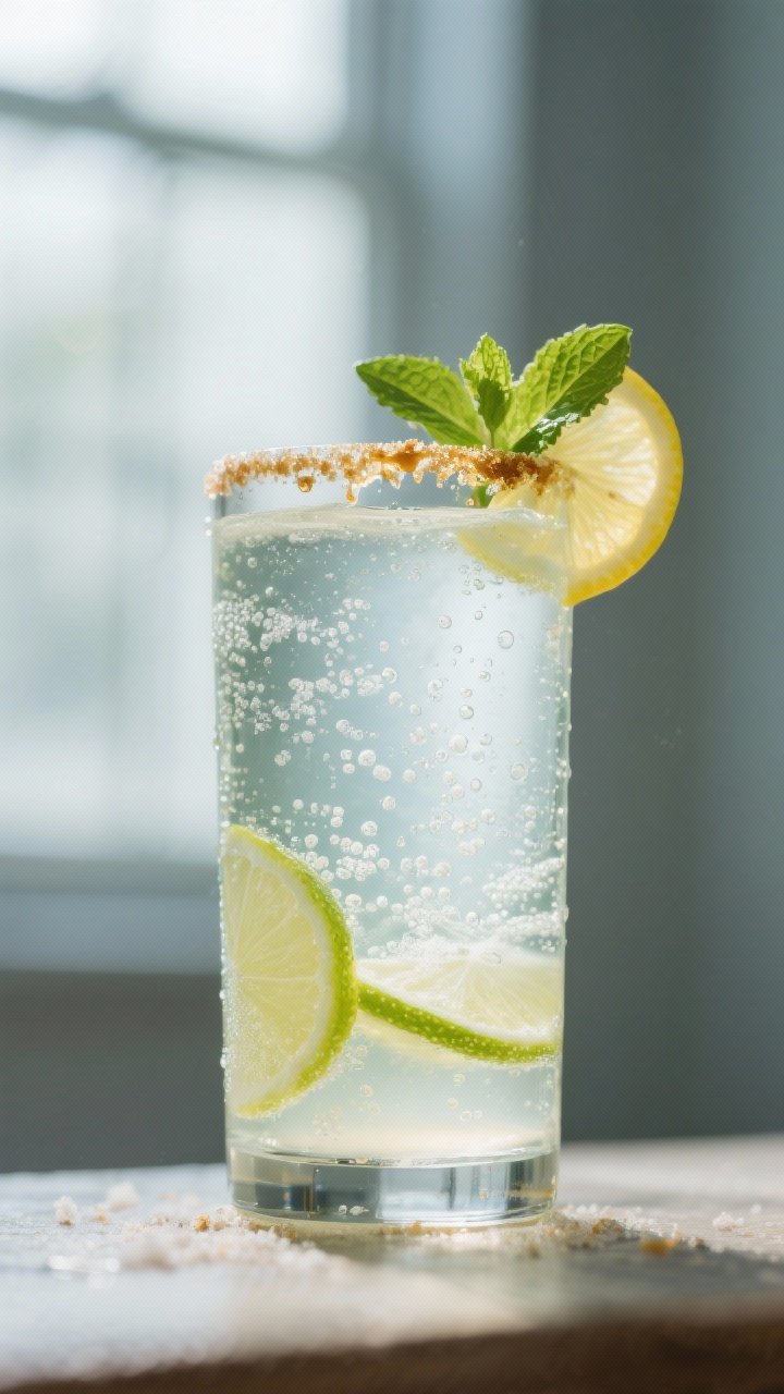 Close-up detail: A tall glass of the finished homemade electrolyte drink with crystal-clear cold wat