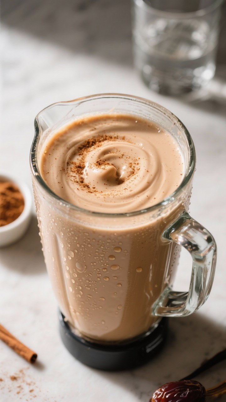 Close-up detail: A thick vanilla-cinnamon date shake mid-blend in a high-speed blender, showing a si