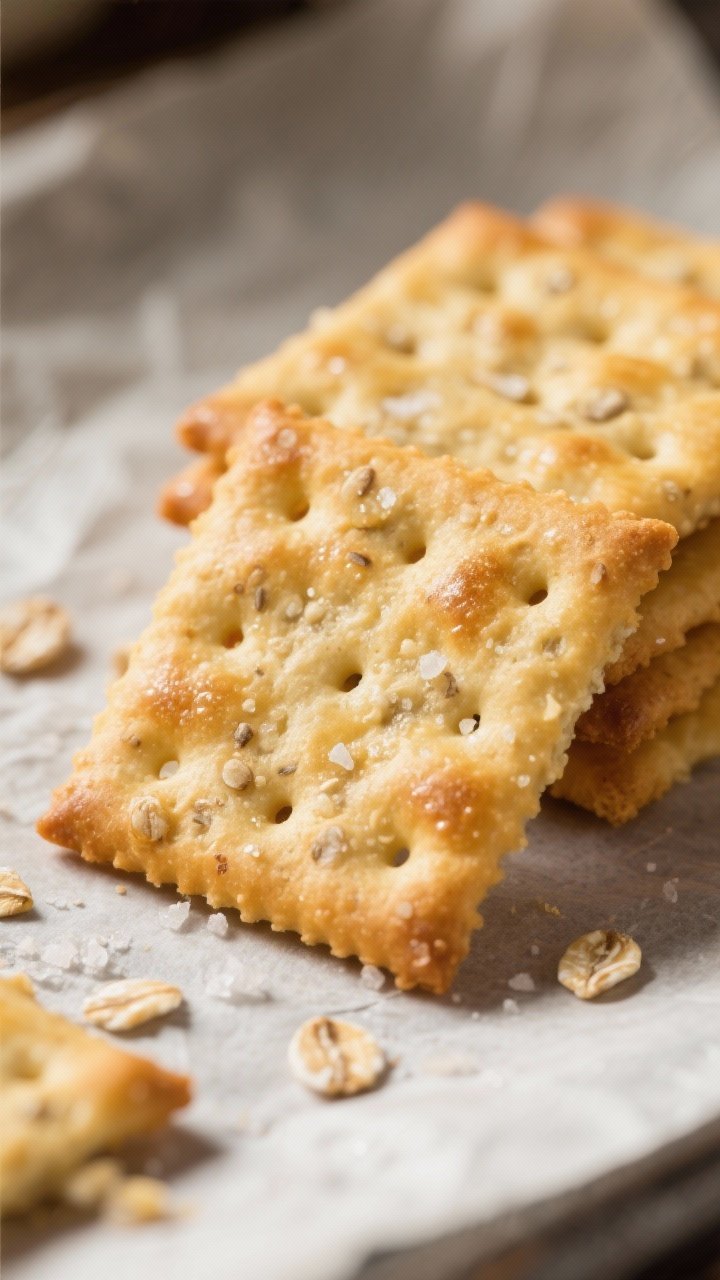 Close-up detail: A tight macro of freshly baked whole-wheat cheddar oat crackers cooling on parchmen