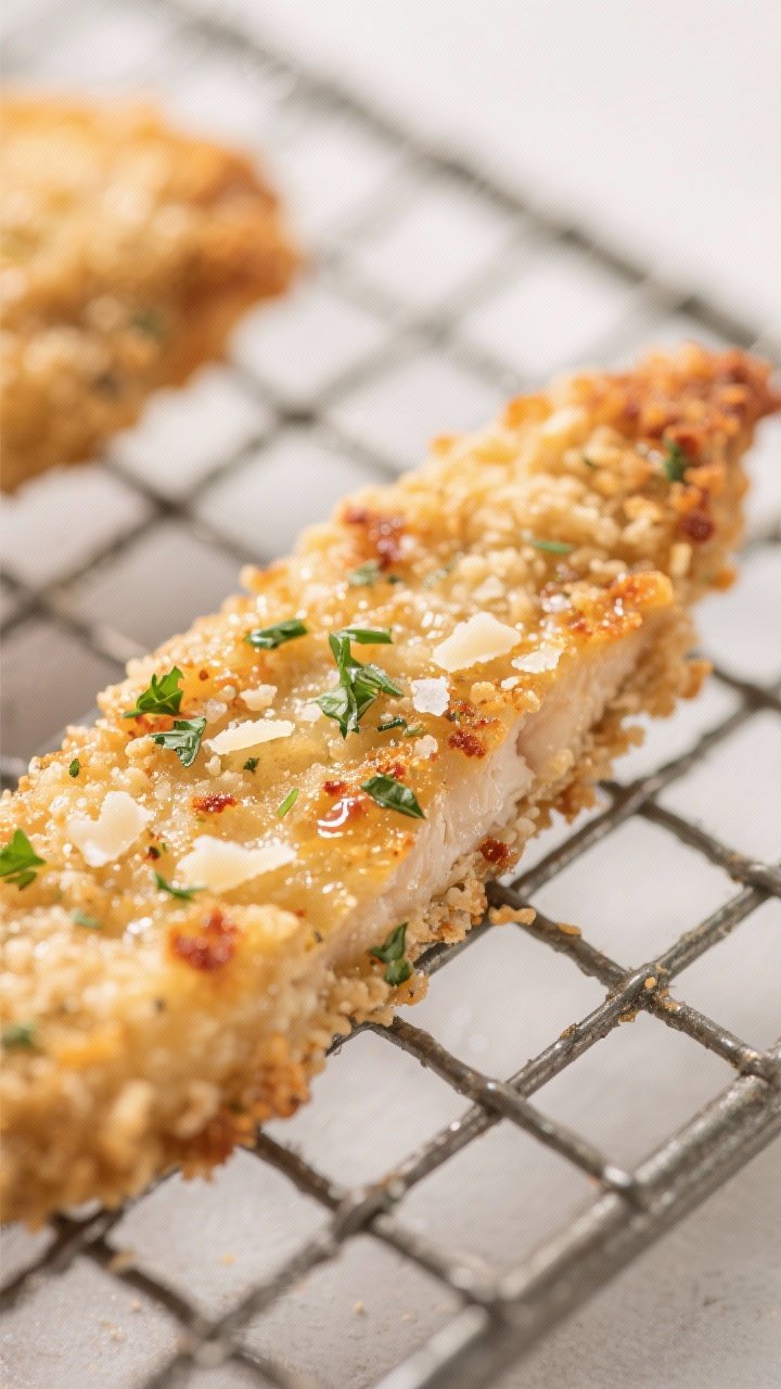 Close-up detail: A tight macro shot of freshly baked Parmesan Herb Chicken Strips on a wire rack, go