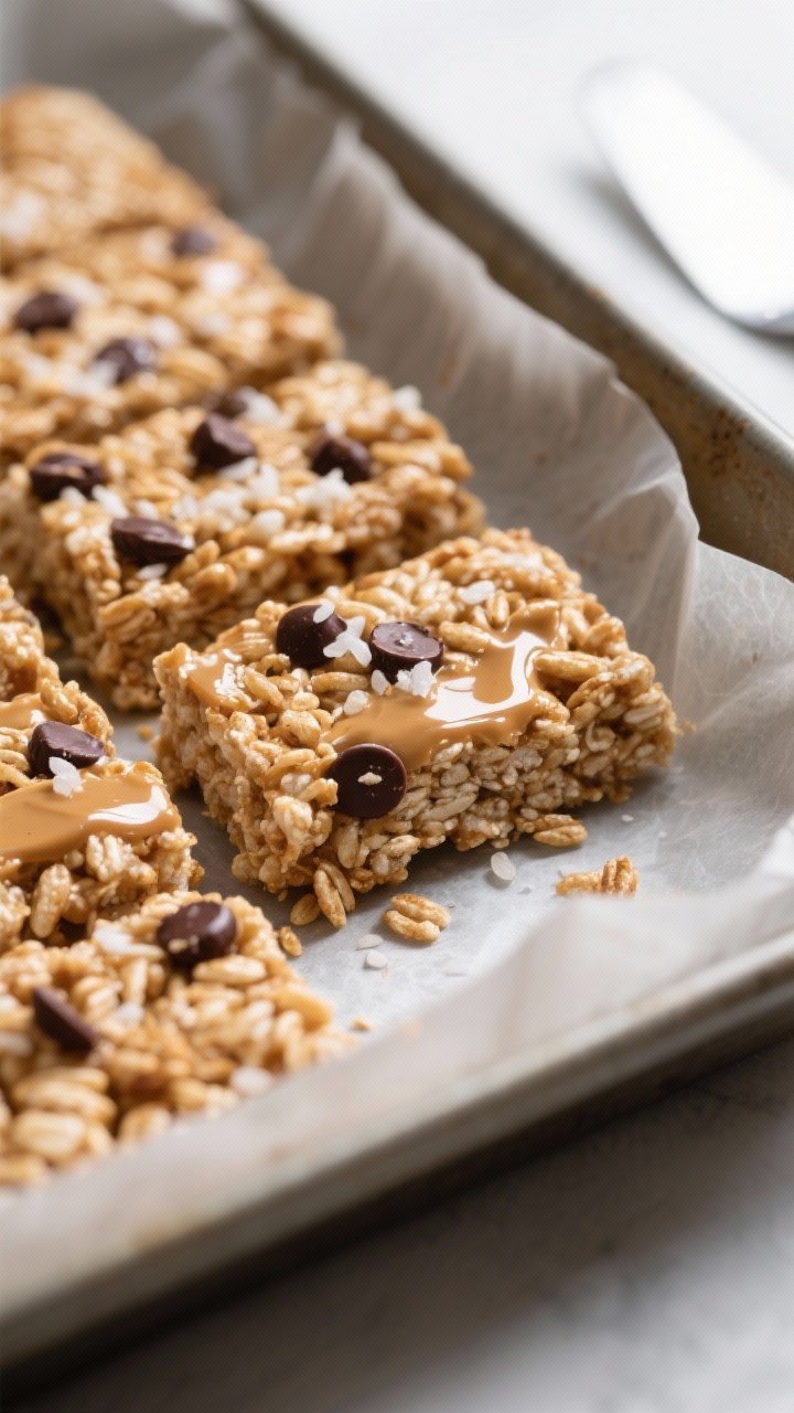 Close-up detail: A tight macro shot of freshly pressed healthy rice krispie bars in the parchment-li