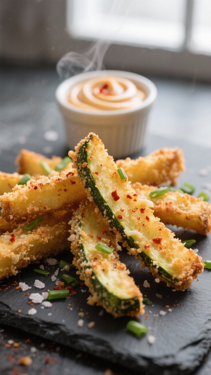 Close-up detail: A tight macro shot of golden-brown zucchini fries just out of the air fryer, panko-