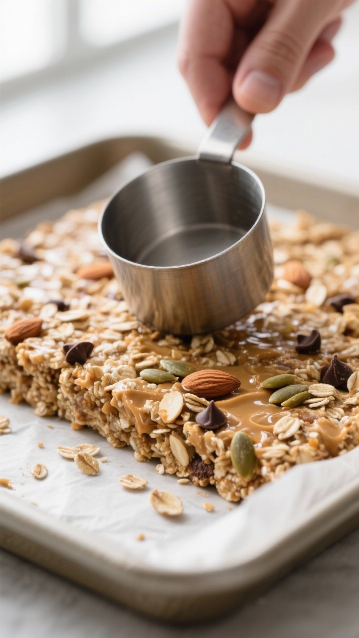 Close-up detail: A tightly packed slab of no-bake granola bars being firmly pressed into a parchment
