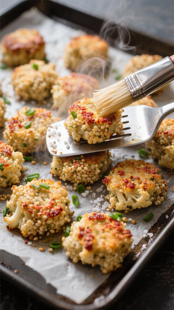 Close-up detail: A tray of baked cauliflower-quinoa tots just out of the oven, mid-flip with a metal
