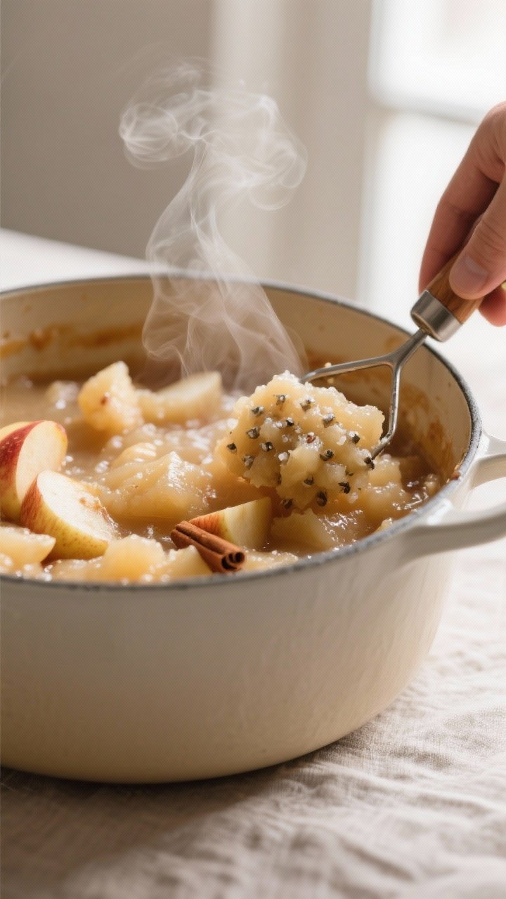Close-up detail: A warm saucepan of freshly cooked unsweetened applesauce mid-mash, showing tender,