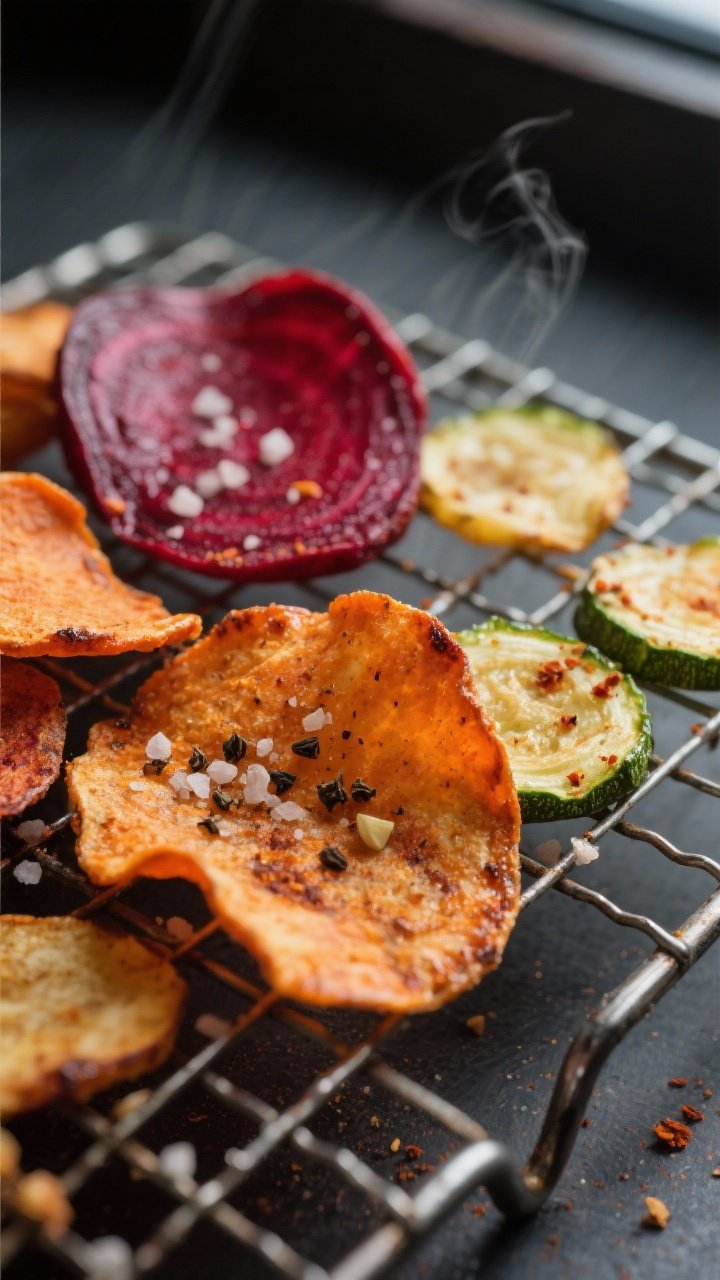 Close-up detail: Air-fried beet, sweet potato, and zucchini chips resting on a wire rack post-cook, 