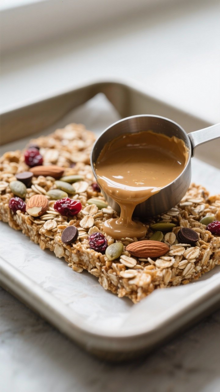 Close-up detail: Chewy no-bake granola bar slab being firmly pressed into a parchment-lined 8x8 pan