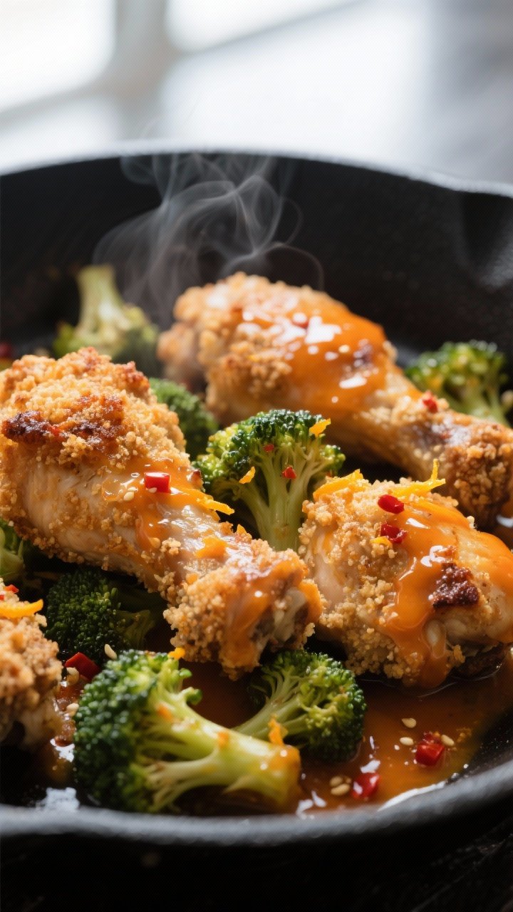 Close-up detail: Crispy baked chicken thigh pieces just tossed in glossy orange sauce, sauce clingin