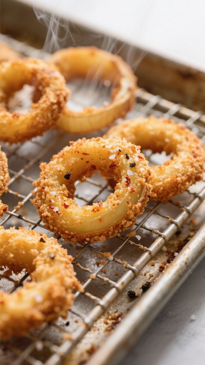 Close-up detail: Crispy baked onion rings fresh out of the oven on a wire rack over a sheet pan, dee