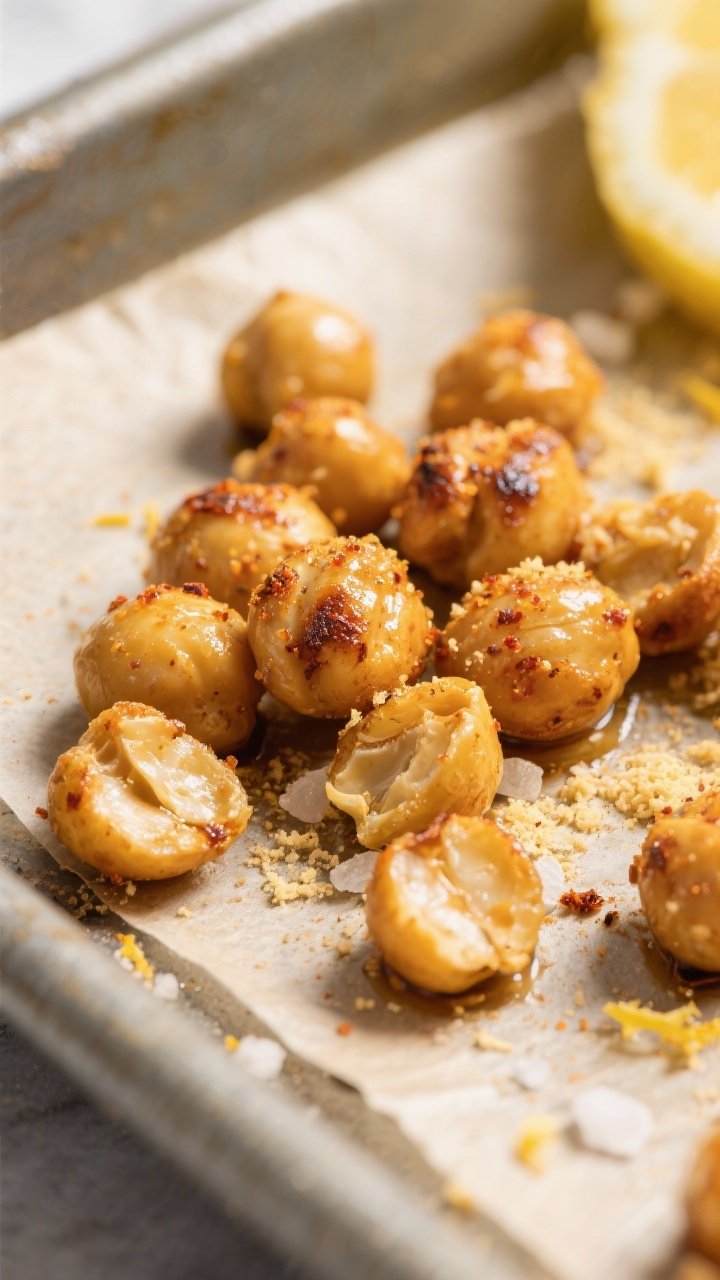 Close-up detail: Crispy roasted chickpeas just out of the oven, deep golden with slightly blistered
