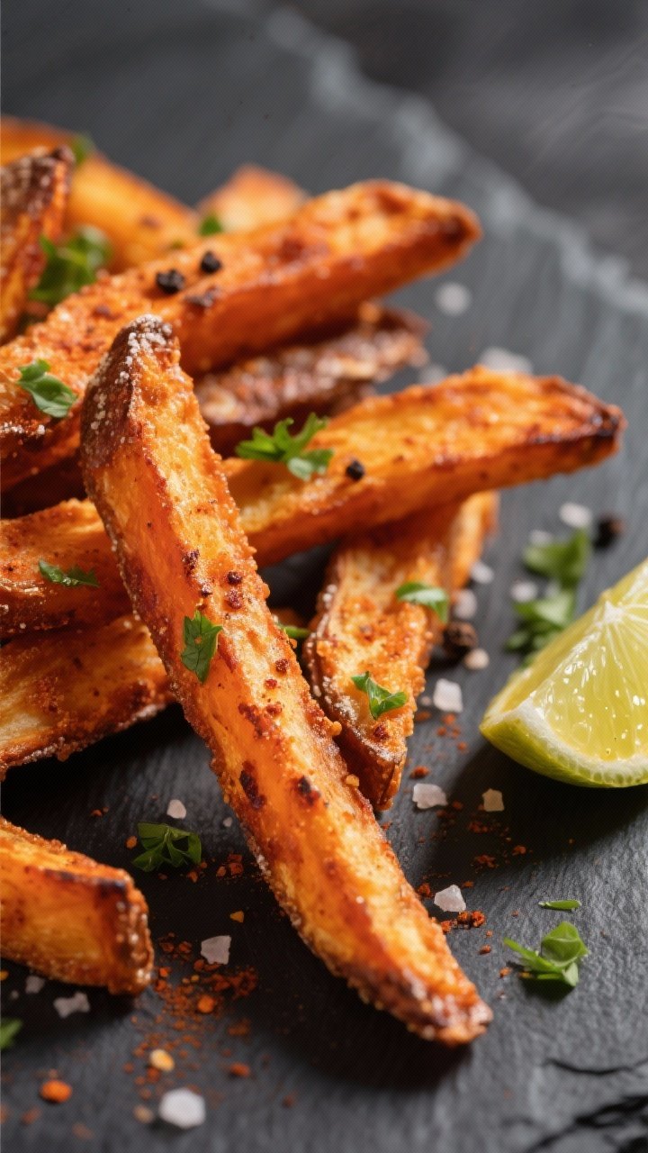 Close-up detail: Crispy sweet potato fries just out of the air fryer, edges deeply caramelized and b