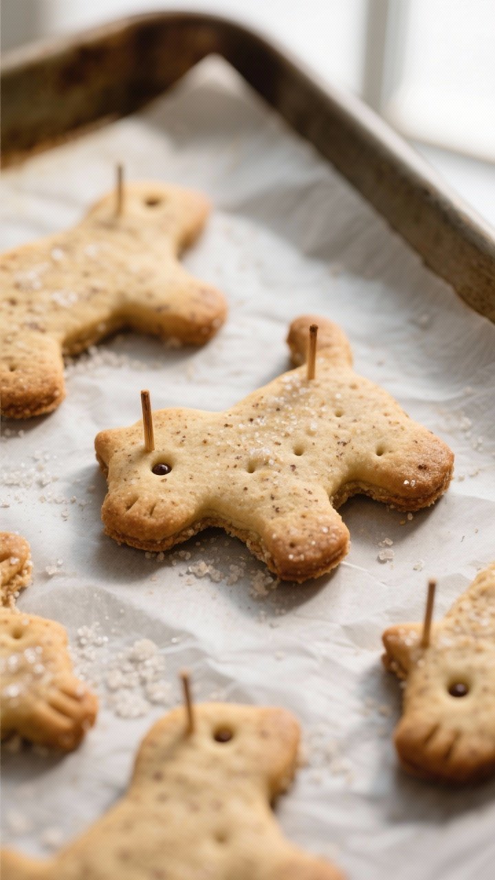Close-up detail: Freshly baked animal-shaped crackers just out of the oven, edges lightly golden wit