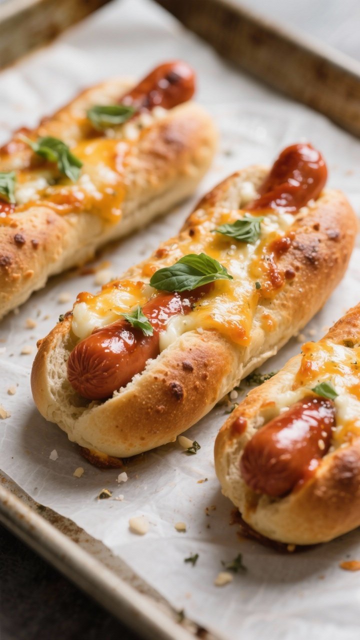Close-up detail: Freshly baked cheesy pizza hot dogs on a parchment-lined baking sheet, whole-wheat 