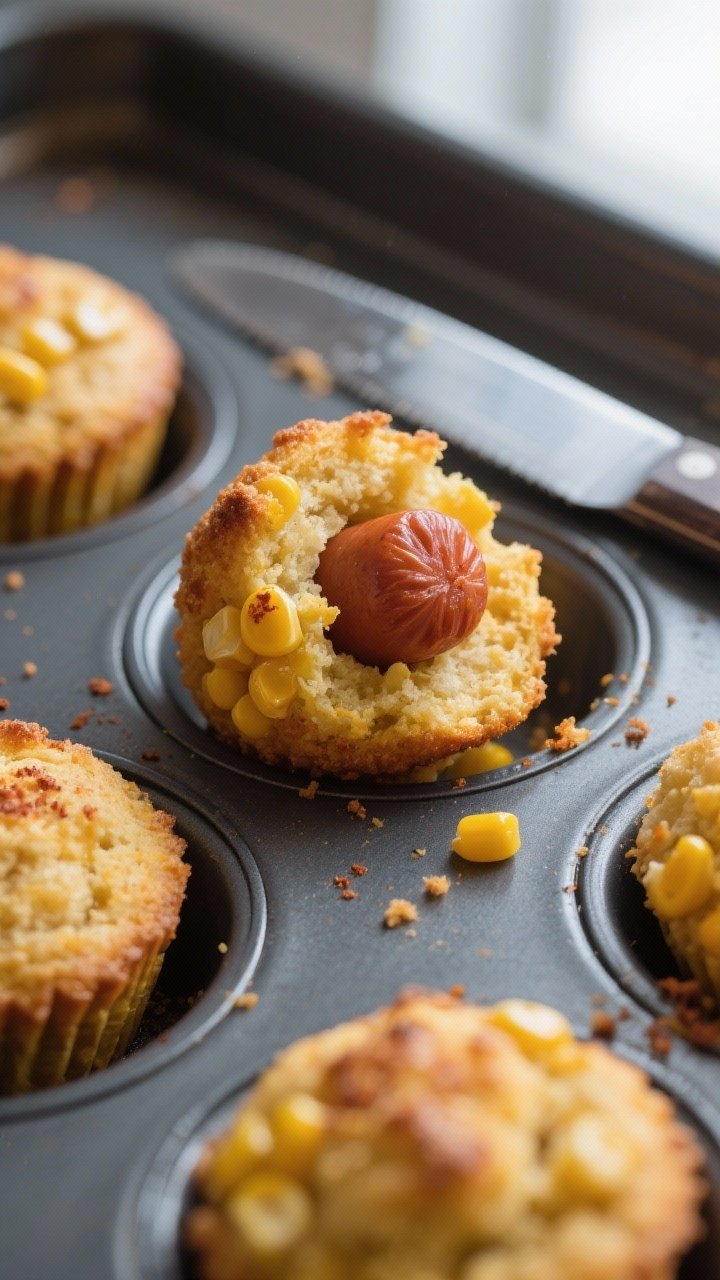 Close-up detail: Freshly baked corn dog muffin bites just out of the mini muffin tin, one tilted on 
