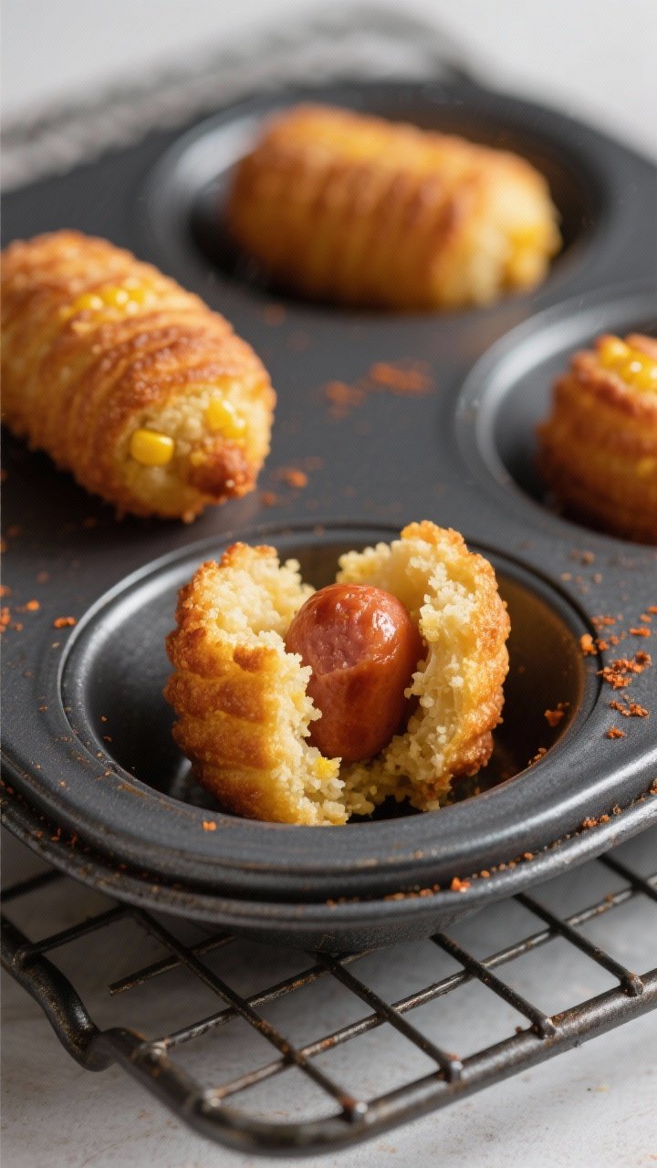 Close-up detail: Freshly baked mini corn dog bites just out of the oven on a dark nonstick mini muff