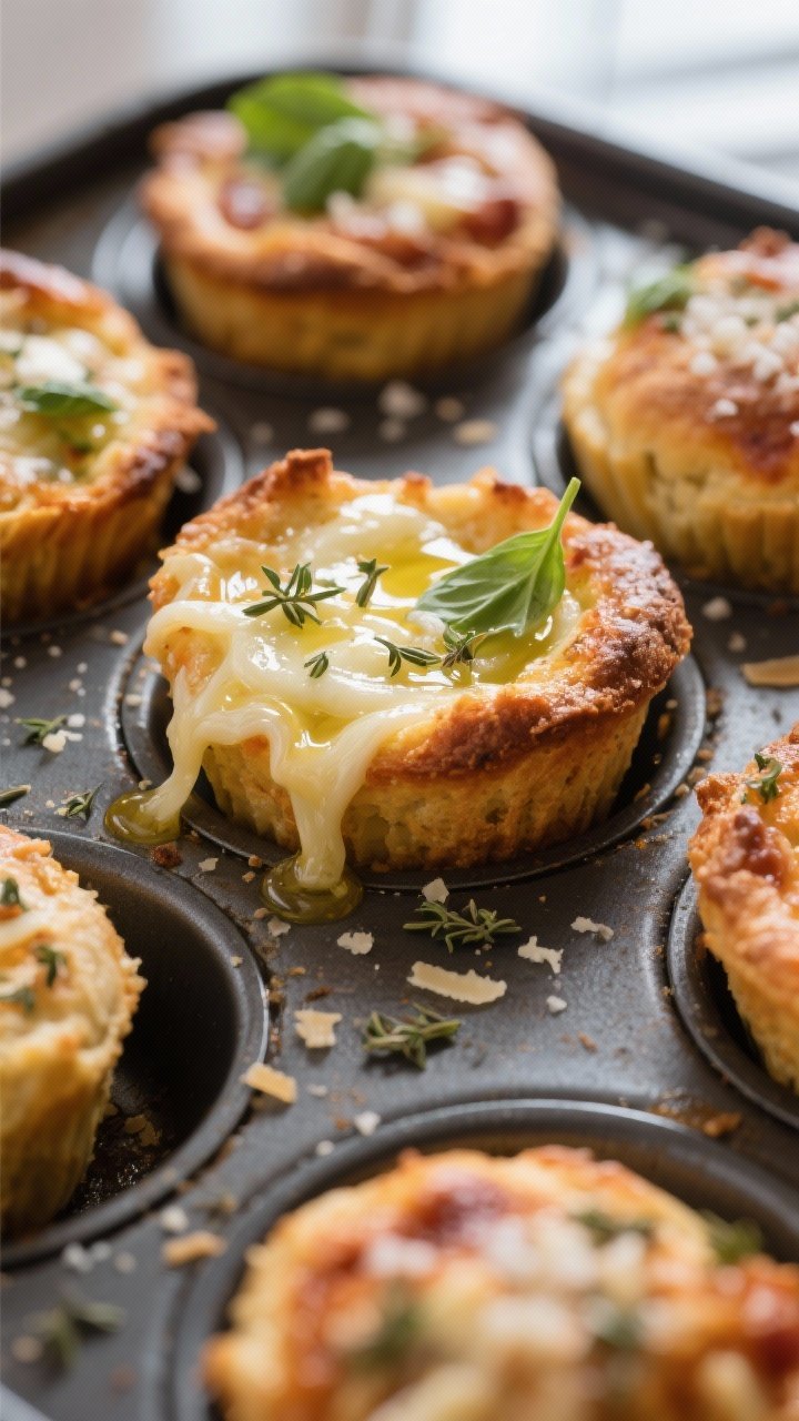 Close-up detail: Freshly baked pizza muffins just out of the muffin tin, golden puffed dough with cr