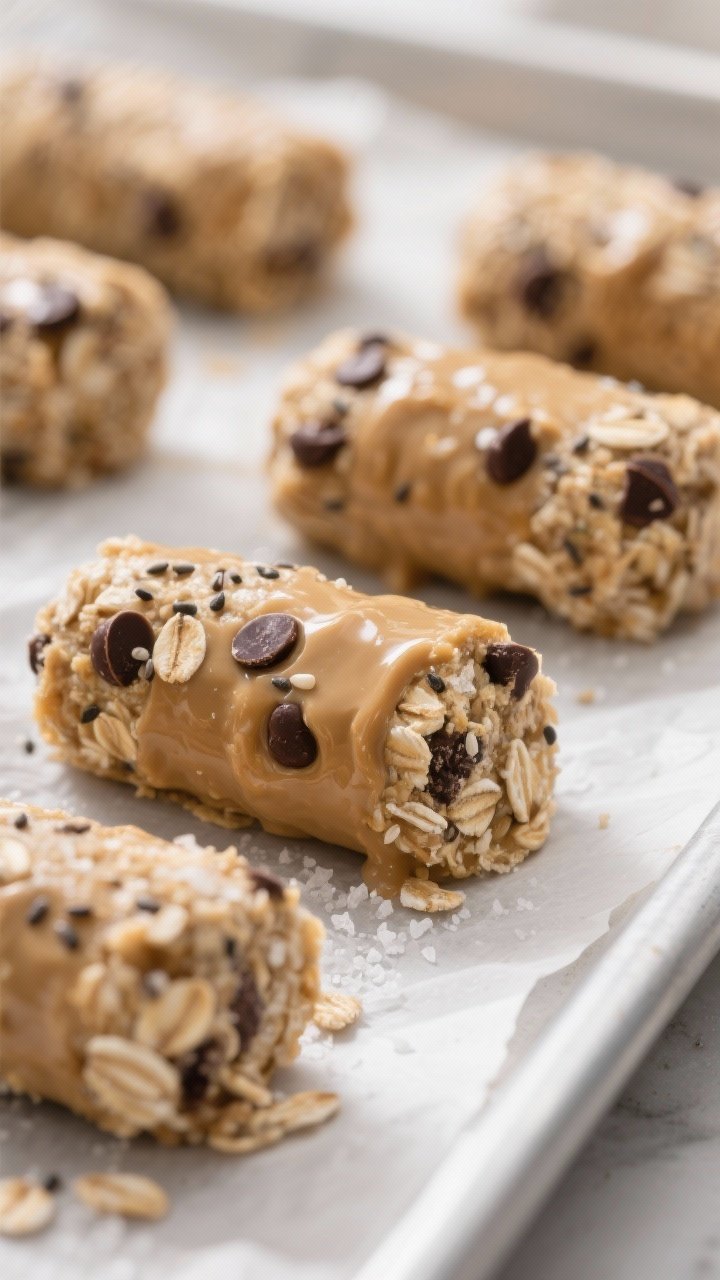 Close-up detail: freshly rolled no-bake energy bites with visible layers of whole and pulsed rolled