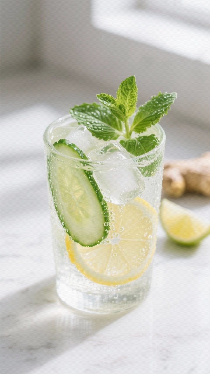 Close-up detail: Frosted glass of cucumber-lemon-mint infused water just after a 2–4 hour chill, t