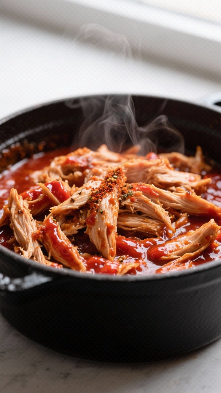 Close-up detail: Glossy shredded chicken just tossed back into a reduced, tangy BBQ sauce in a Dutch