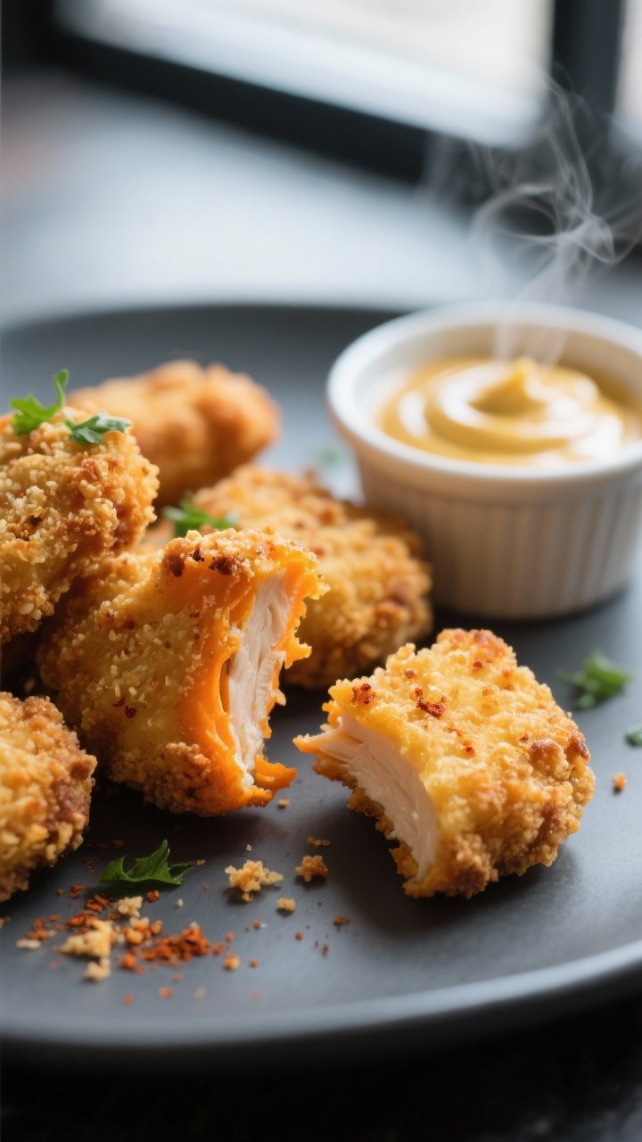 Close-up detail: Golden, air-fried chicken nuggets with sweet potato, panko crust visibly crisp and 