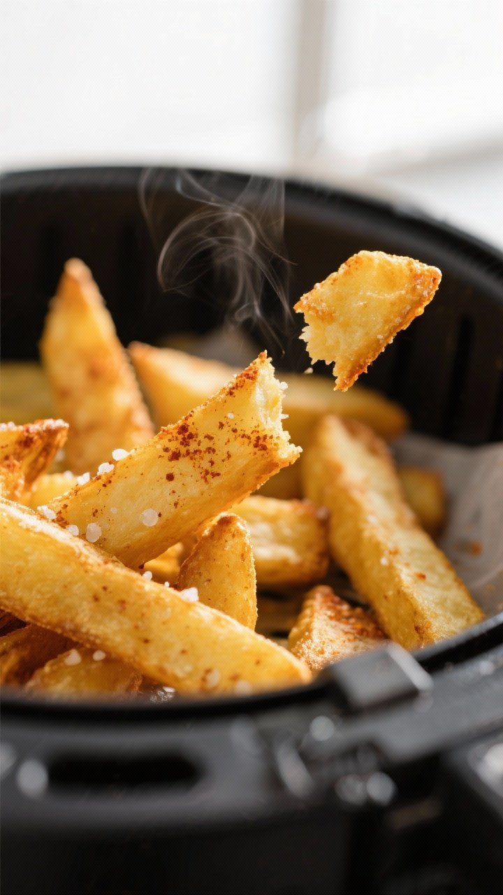 Close-up detail: Golden, air-fried French fries just finished the high-heat stage, edges deep golden