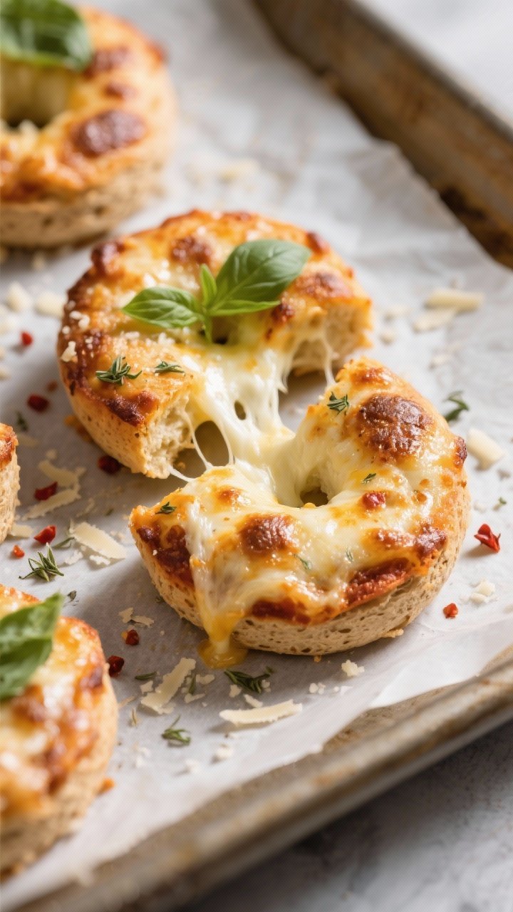 Close-up detail: Golden, broiled mini whole-wheat bagel pizza bites just out of the oven, cheese mel
