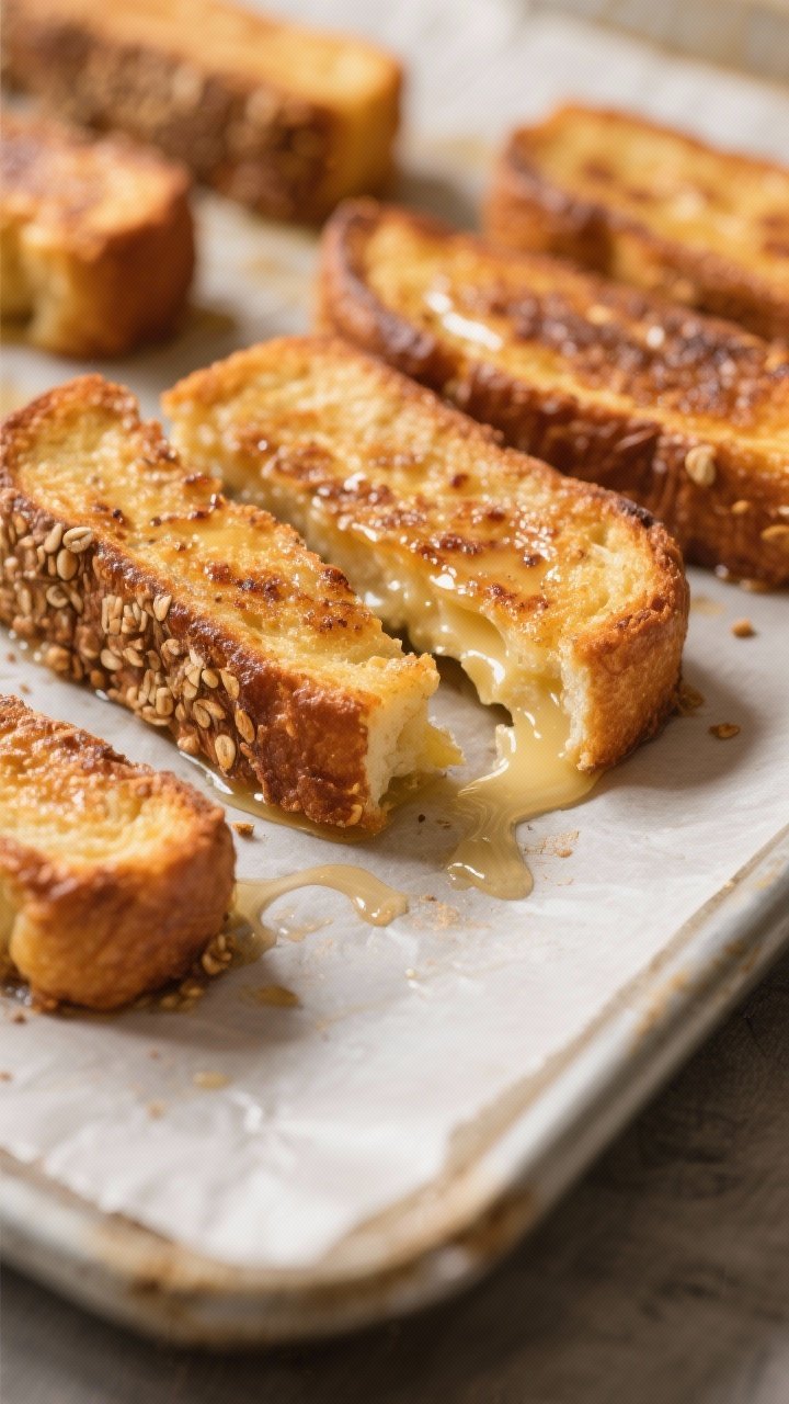 Close-up detail: Golden-brown baked French toast sticks just flipped on a parchment-lined sheet pan 