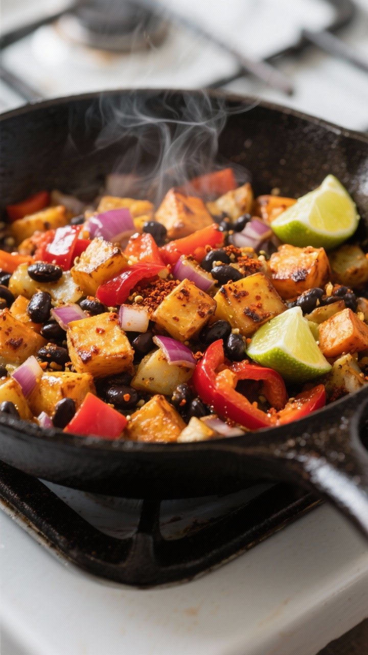 Close-up detail: Golden-crisp sweet potato and black bean hash sizzling in a large cast-iron skillet