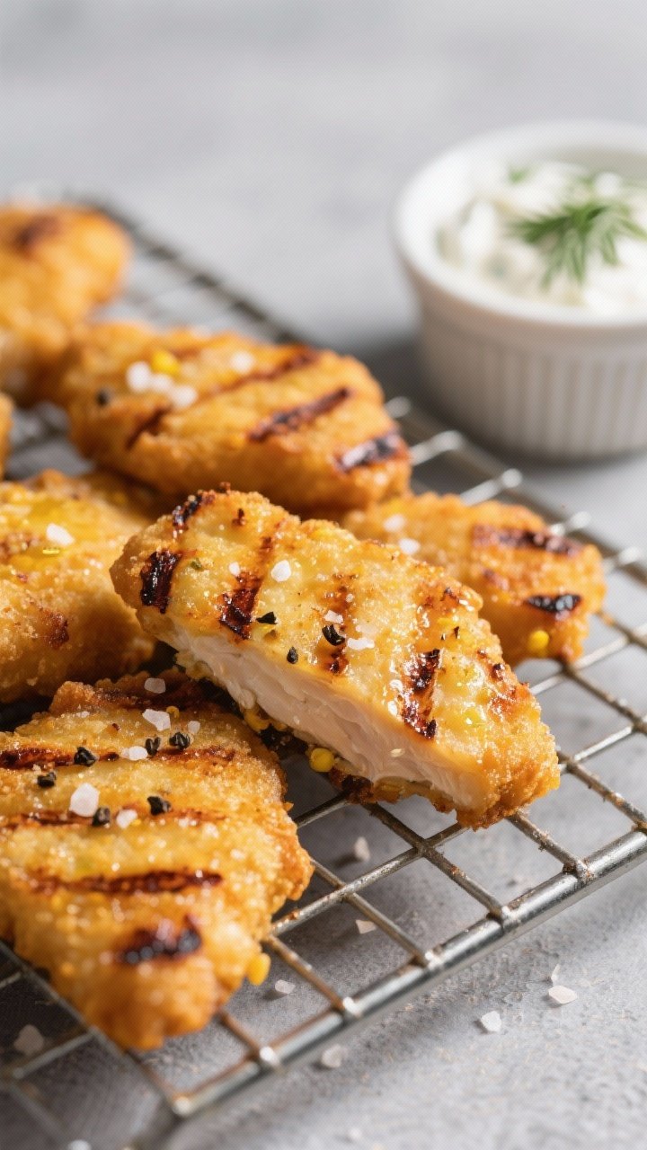 Close-up detail: Golden grilled chicken nuggets resting on a wire rack, charred grill marks and cris
