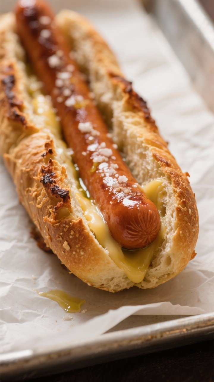 Close-up detail: Golden, pre-toasted whole-wheat “hot dog” boats fresh from the oven with crispe