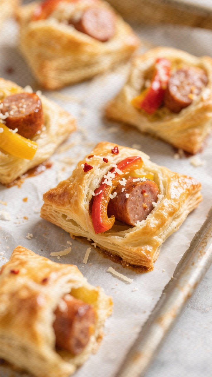 Close-up detail: Golden, puffed Mini Sausage & Pepper Bites just out of the oven, showing flaky laye