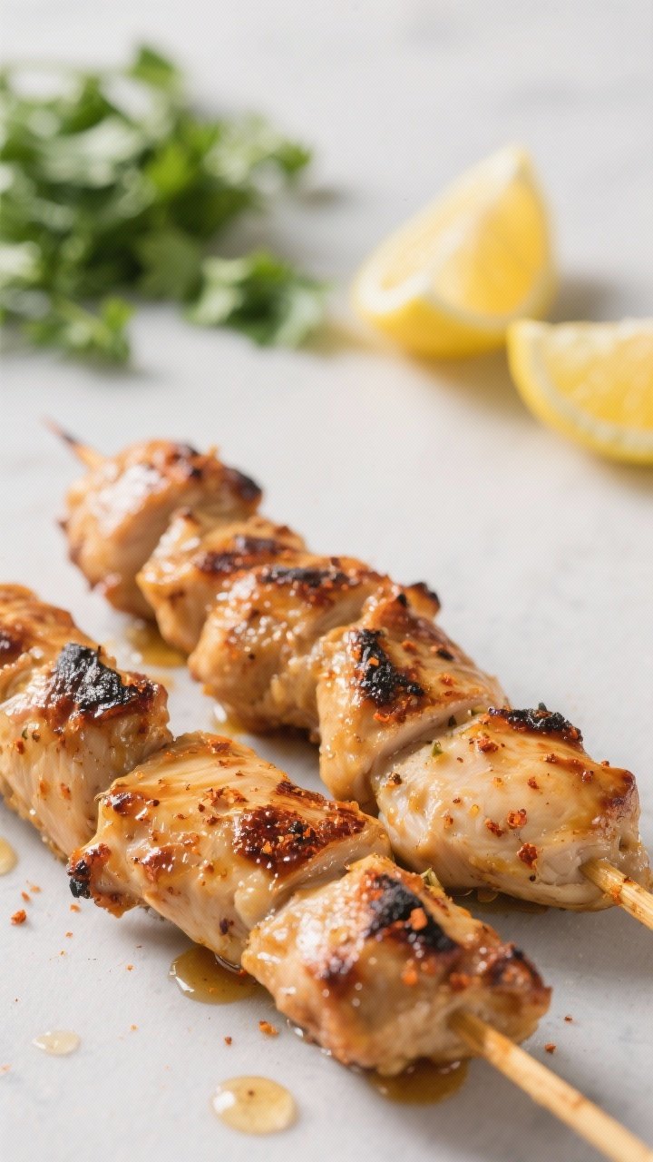 Close-up detail: Juicy grilled chicken skewers just off the heat, lightly charred edges with caramel