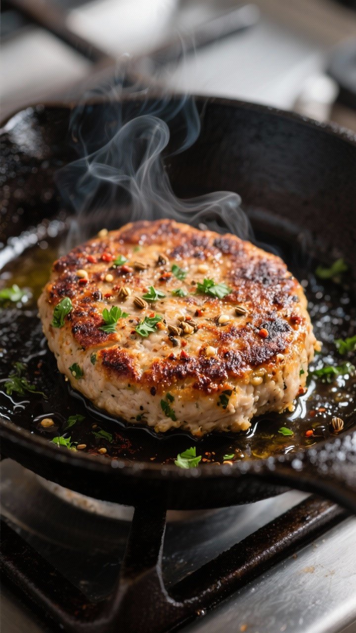 Close-up detail: Juicy Middle Eastern chicken patty searing in a cast-iron skillet, deeply browned c