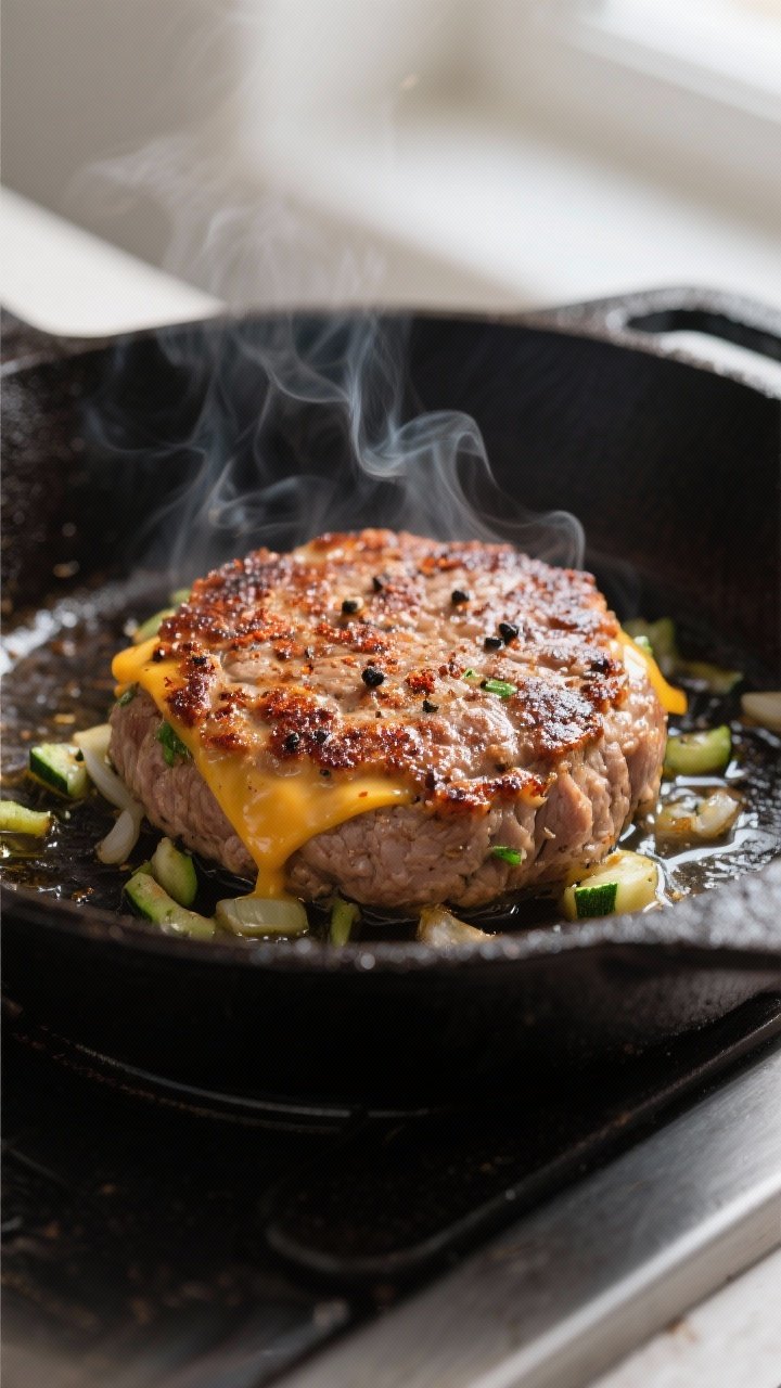 Close-up detail: Juicy turkey burger patty sizzling in a cast-iron skillet at medium-high heat, surf