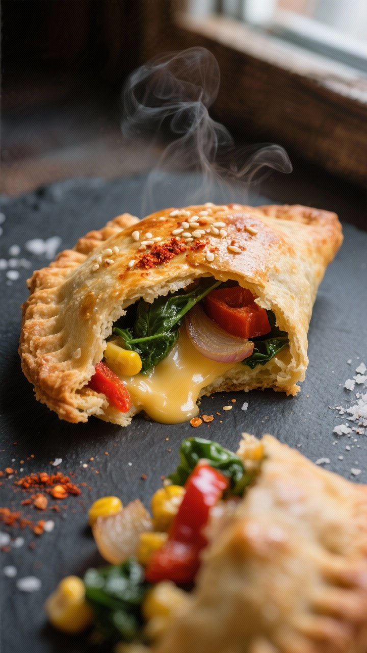 Close-up detail: Mini veggie empanada just out of the oven, golden-brown whole-wheat pastry with glo