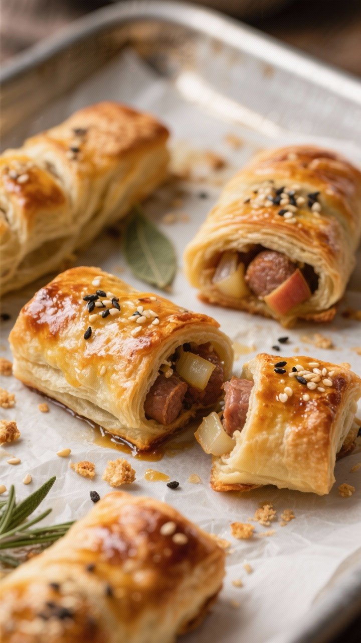 Close-up detail: Mini whole-wheat sausage rolls just out of the oven, seam-side down on parchment, d