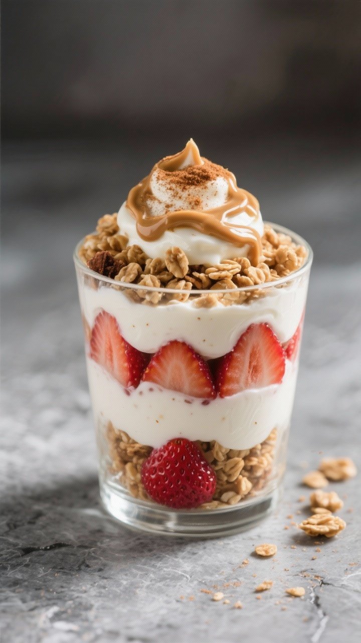 Close-up detail of a finished “PB&J vibe” parfait: thick whole-milk Greek yogurt layered with gl
